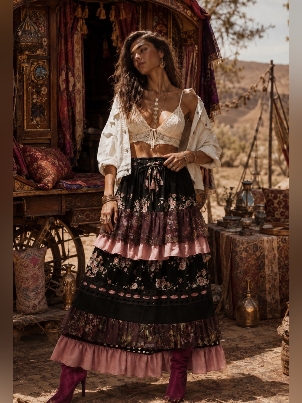 Tiered Floral Midi Skirt in Black and Dusty Pink